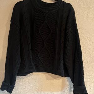 Quince Black Cable Knit Crew Neck Sweater Crop Organic CTN Sz L EUC